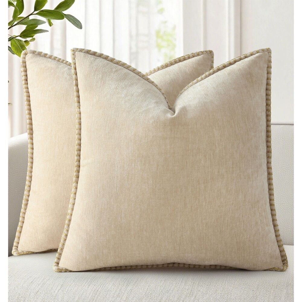 Set of 2, 24x24 Inch Soft Chenille Throw Pillow Covers (Beige)